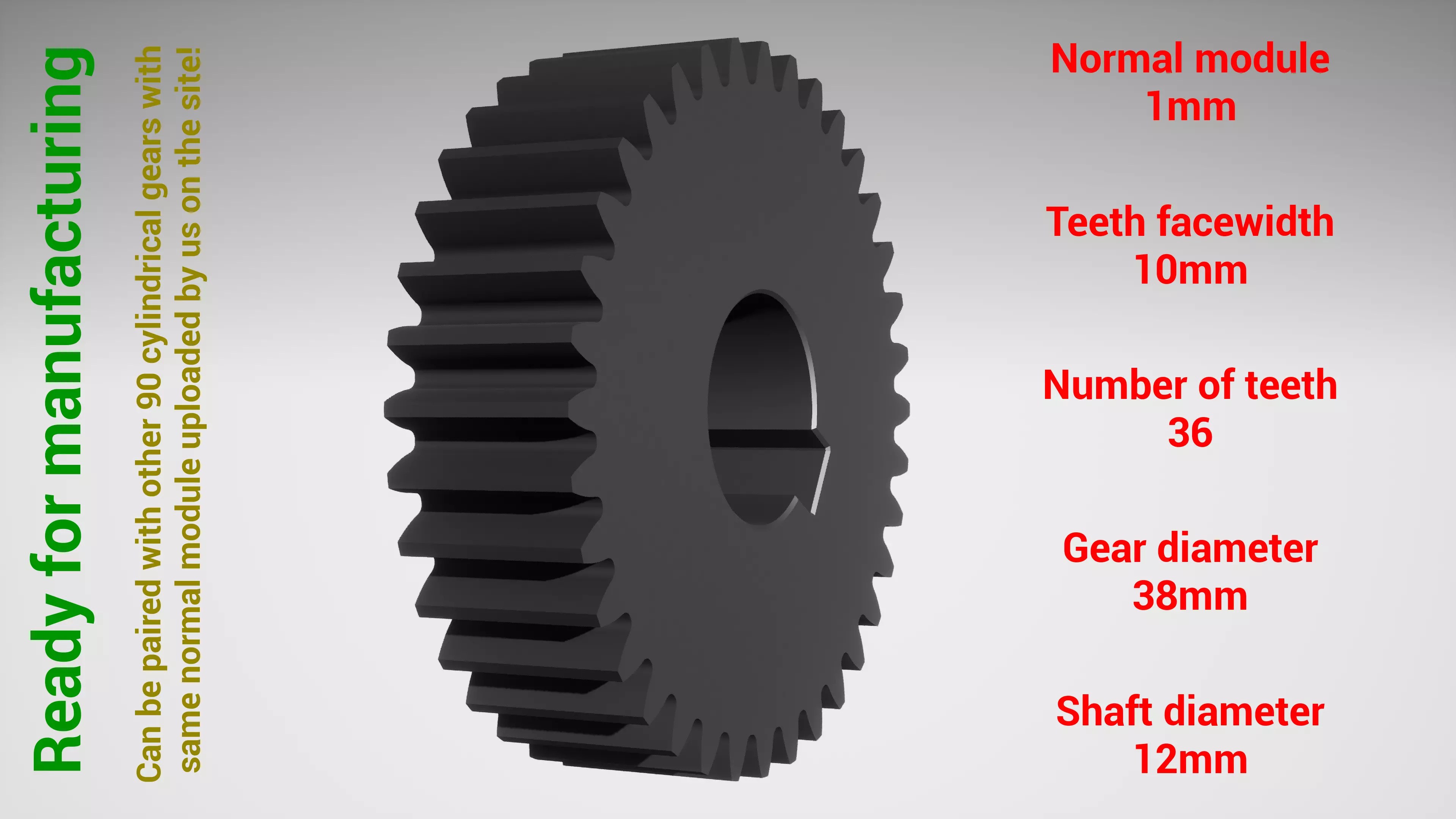 Cylindrical gear - paired - z36 m1 D38 d12 3D print model