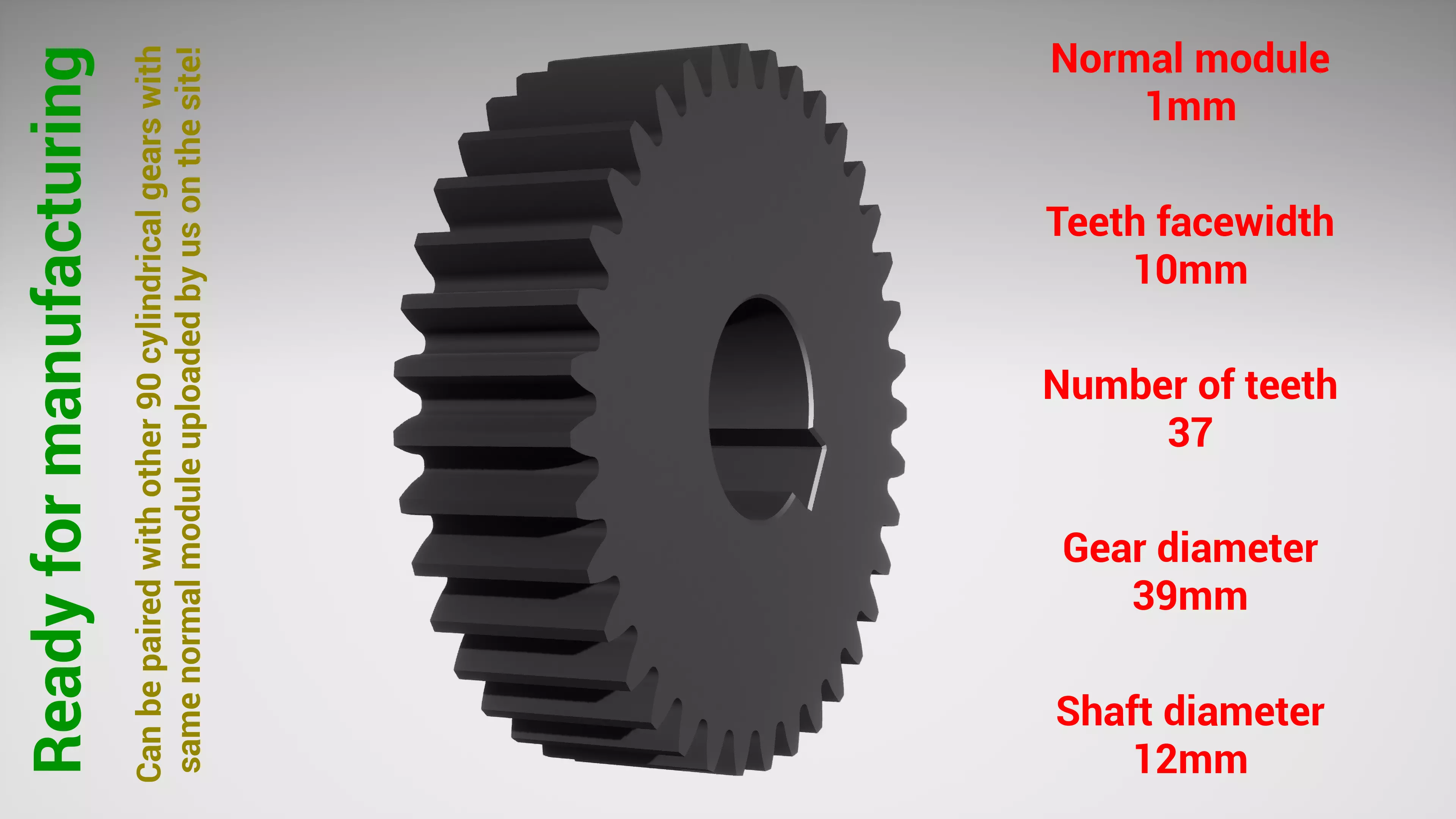 Cylindrical gear - paired - z37 m1 D39 d12 3D print model