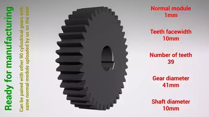 Cylindrical gear - paired - z39 m1 D41 d10 3D print model