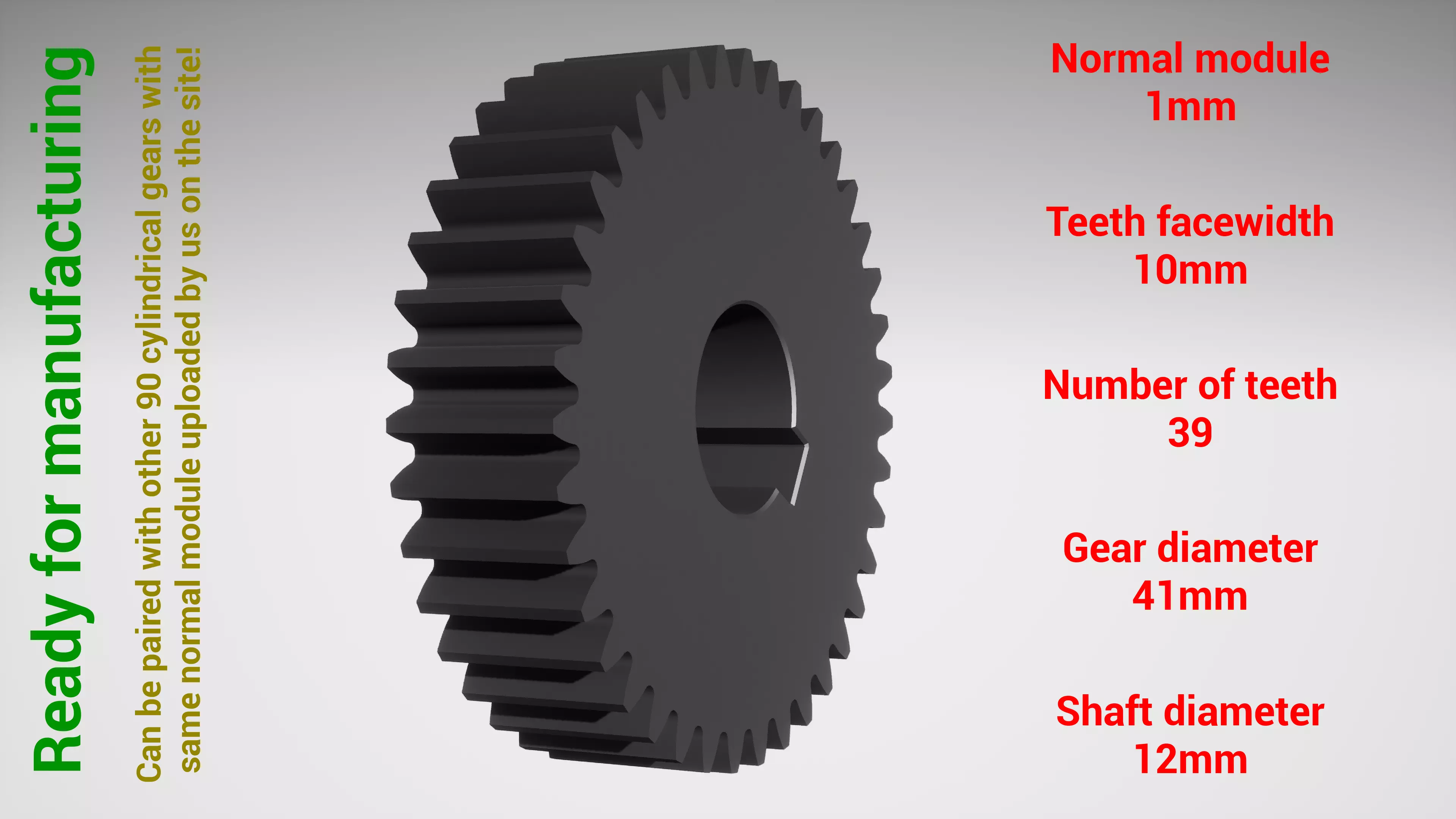 Cylindrical gear - paired - z39 m1 D41 d12 3D print model