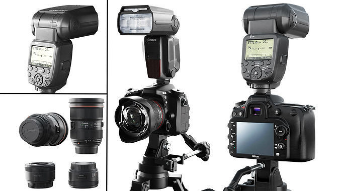 Nikon camera Flash Lenses Tripod Low-poly 3D model
