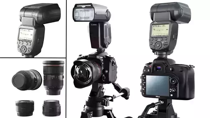 Nikon camera Flash Lenses Tripod Low-poly 3D model