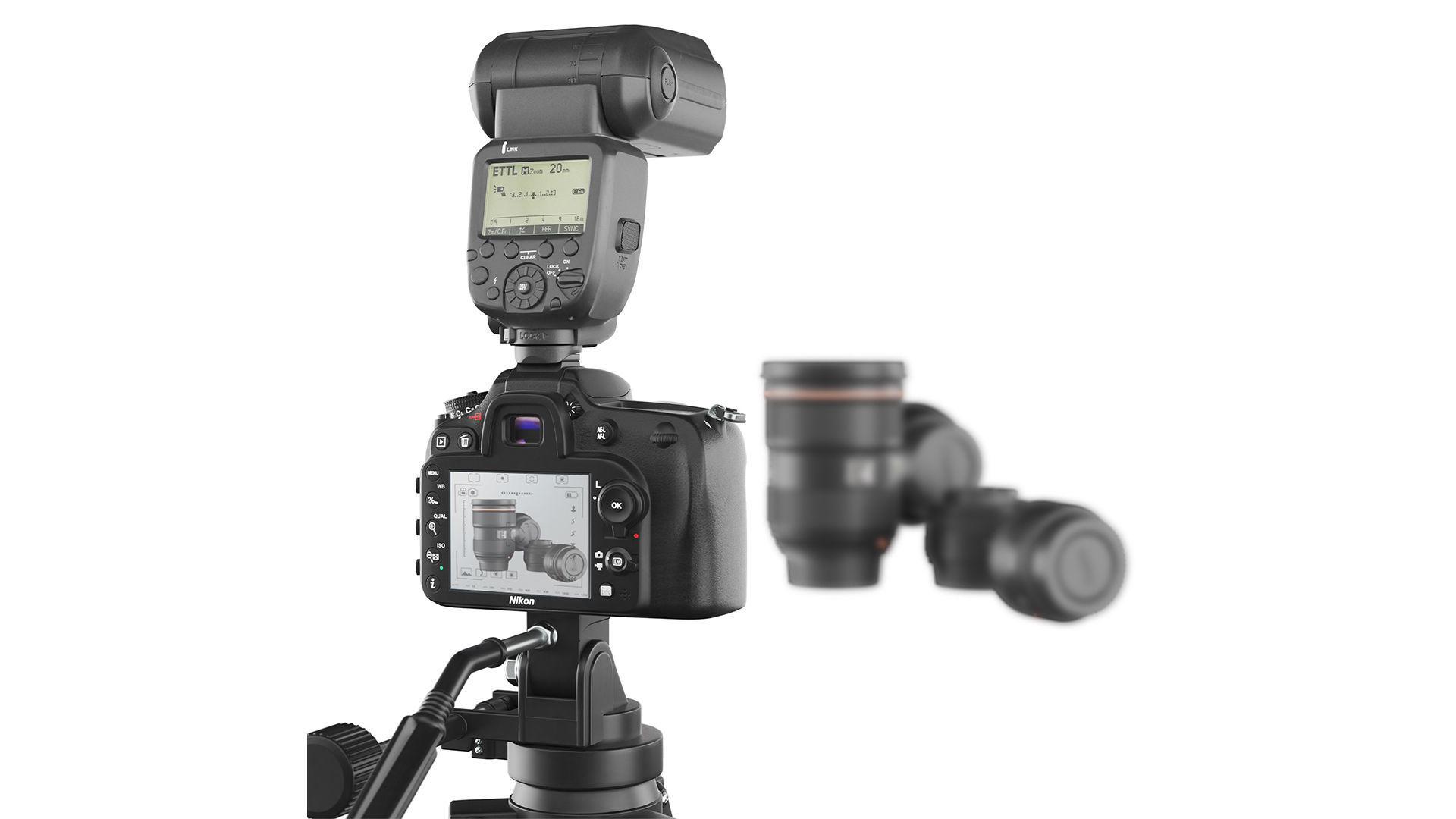 Nikon camera Flash Lenses Tripod Low-poly 3D model_1