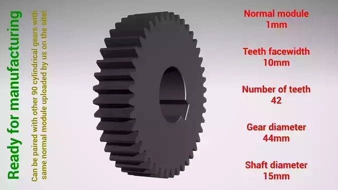 Cylindrical gear - paired - z42 m1 D44 d15 3D print model