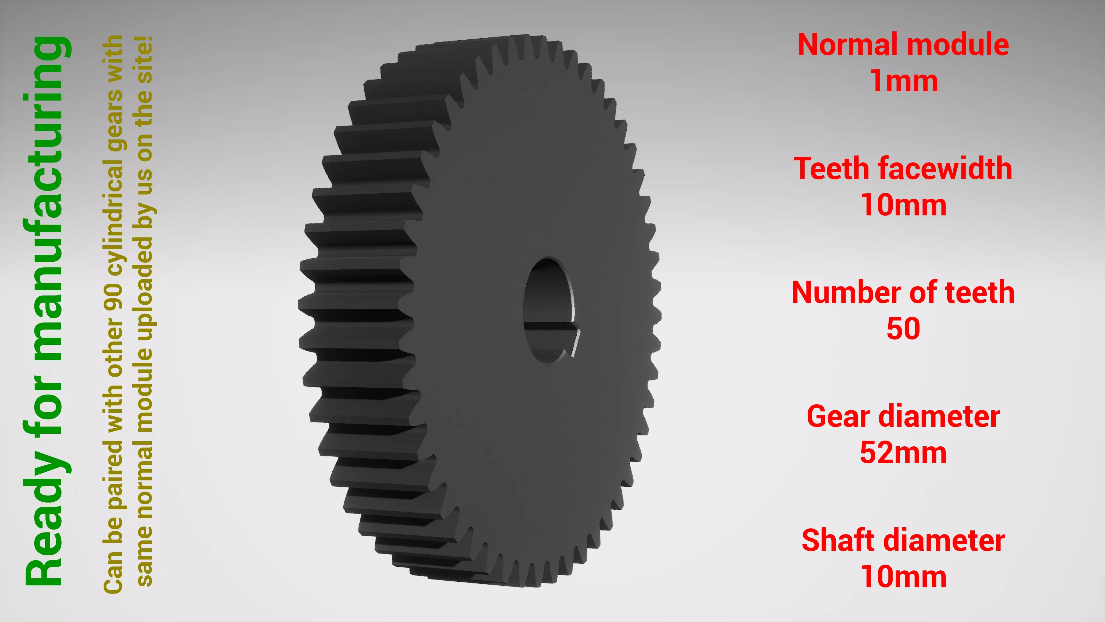 Cylindrical gear - paired - z50 m1 D52 d10 3D print model