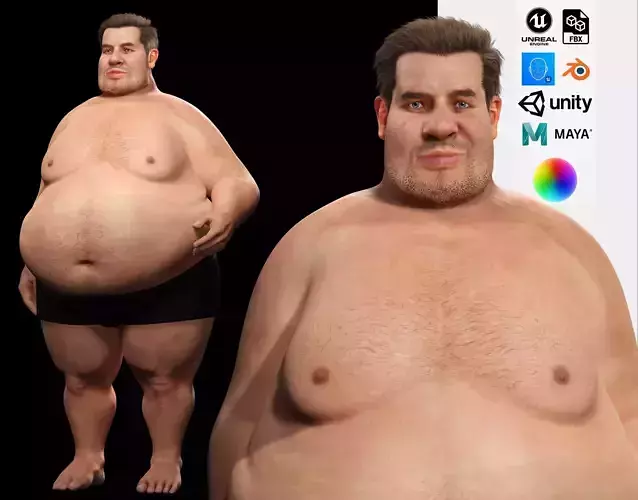 Realistic Fat man Naked character Low-poly 3D model