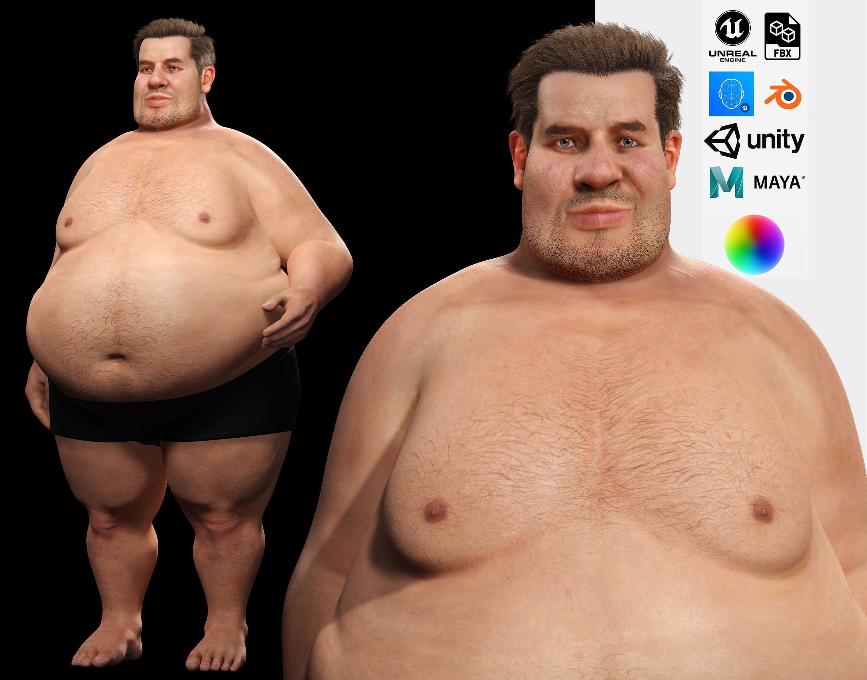 Realistic Fat man Naked character Low-poly 3D model_0