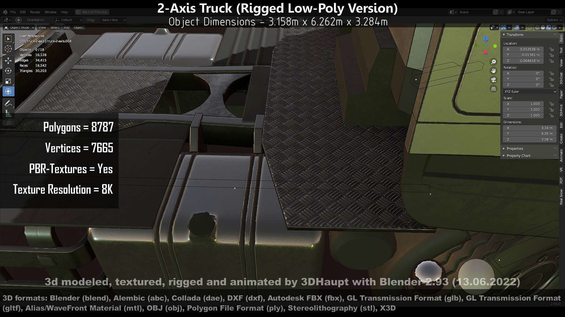 2-Axis Truck Rigged Low-Poly Version Low-poly 3D model_135