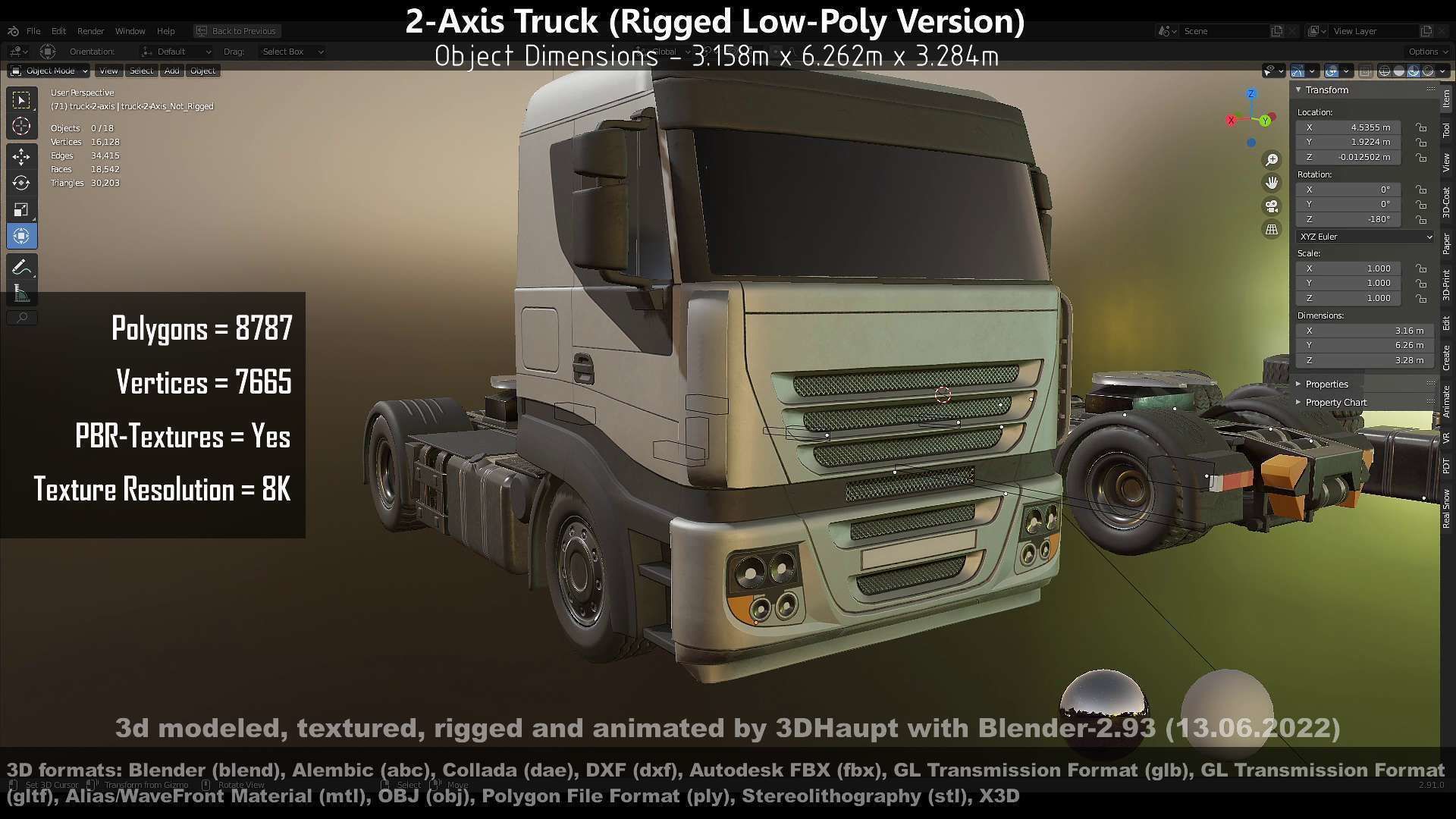 2-Axis Truck Rigged Low-Poly Version Low-poly 3D model_145