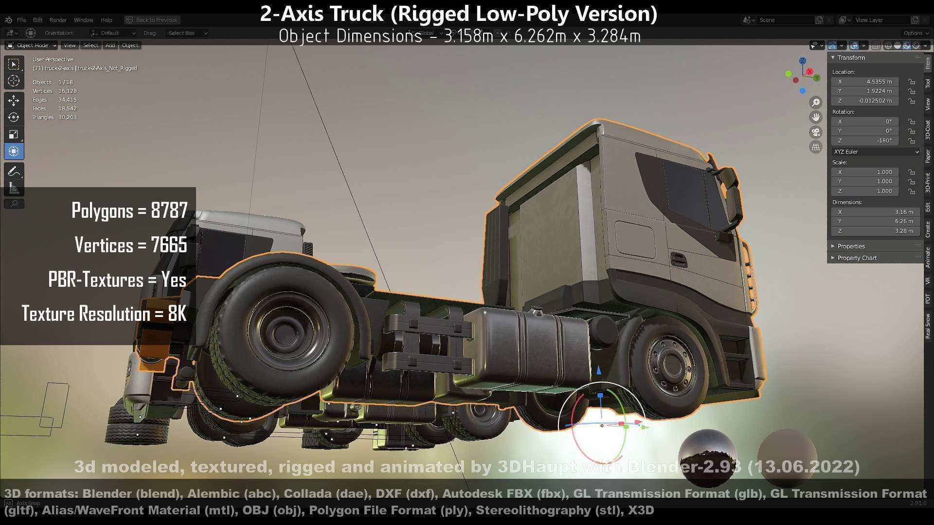 2-Axis Truck Rigged Low-Poly Version Low-poly 3D model_127