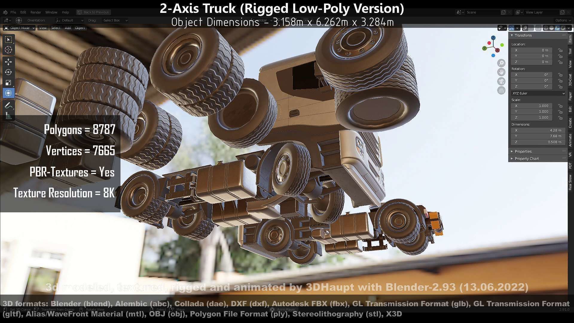 2-Axis Truck Rigged Low-Poly Version Low-poly 3D model_47