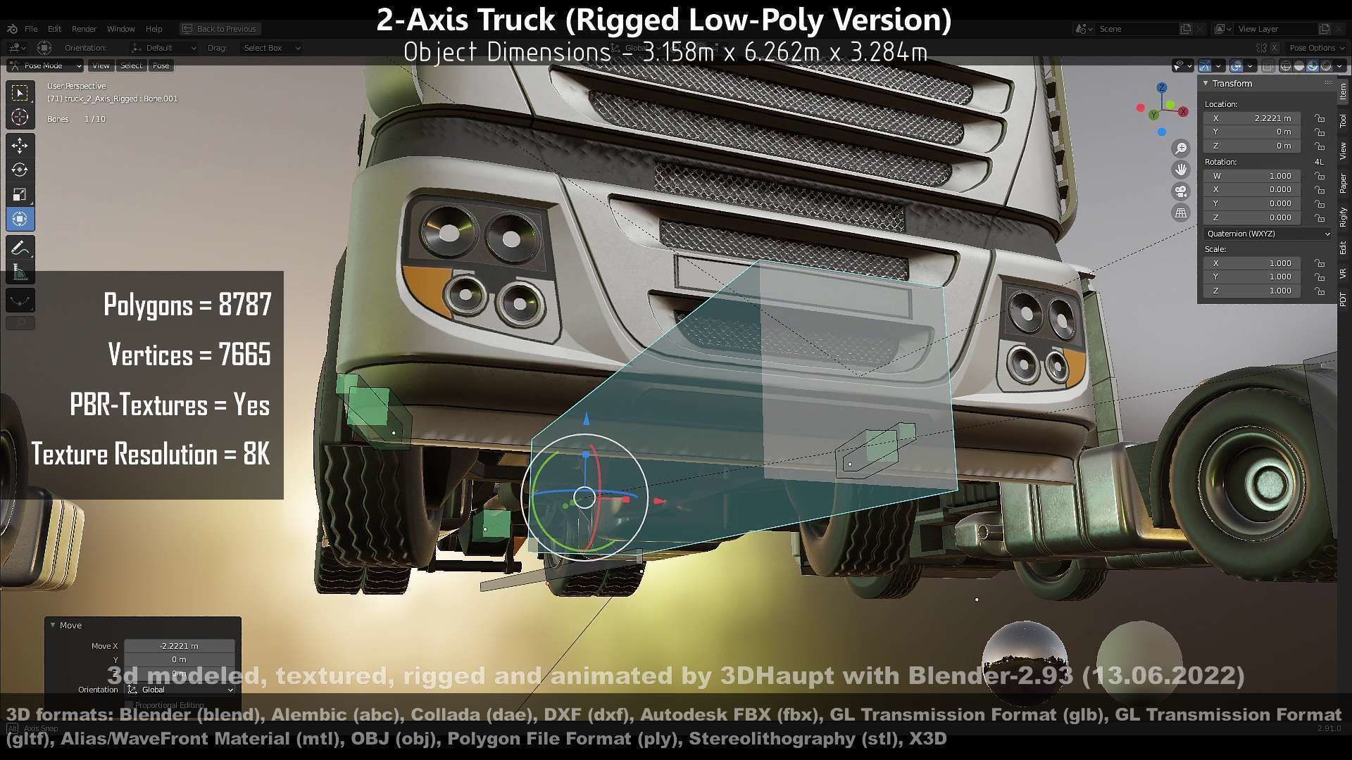 2-Axis Truck Rigged Low-Poly Version Low-poly 3D model_34