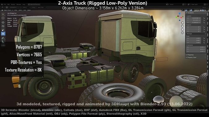 2-Axis Truck Rigged Low-Poly Version Low-poly 3D model 2