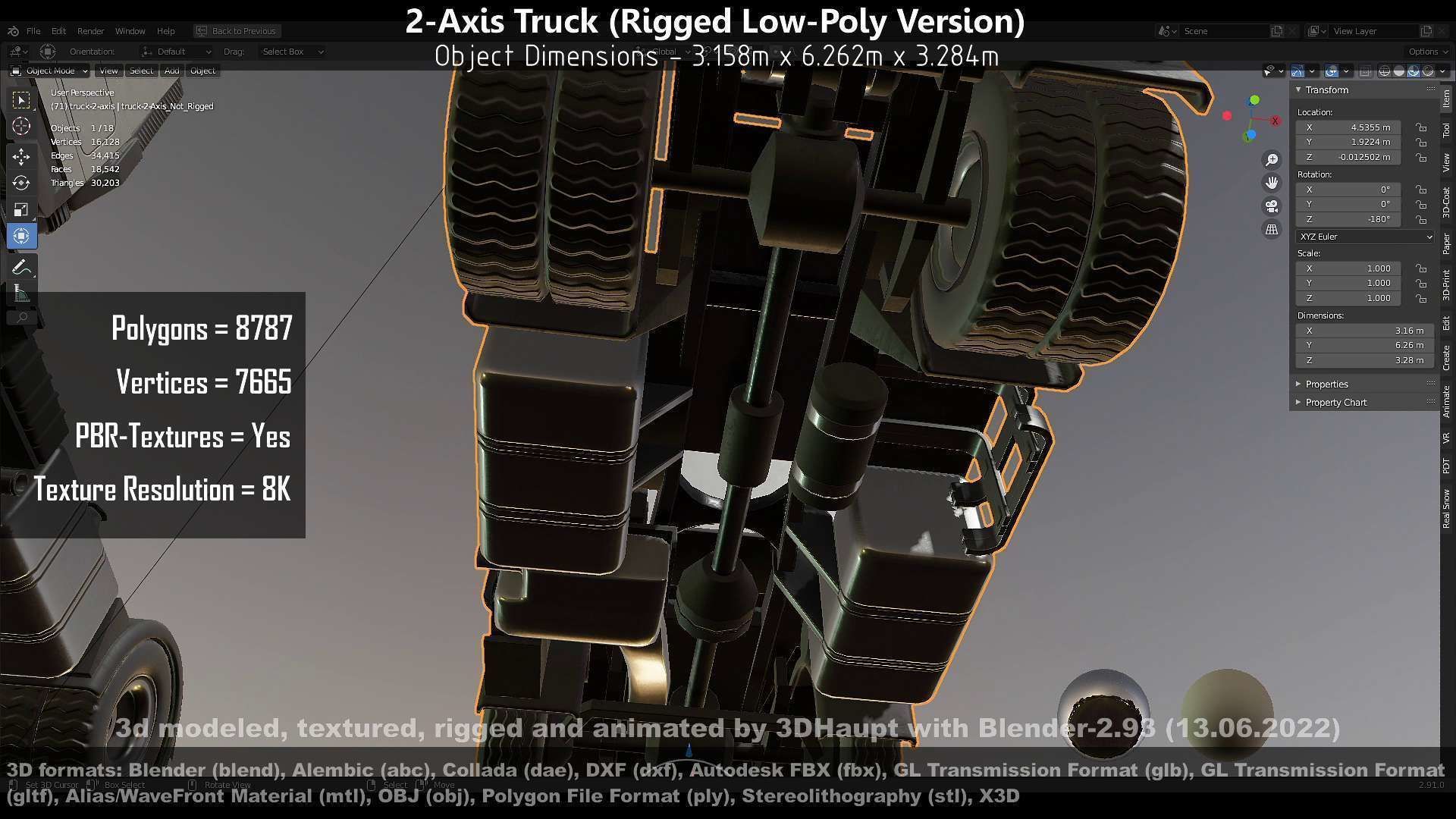 2-Axis Truck Rigged Low-Poly Version Low-poly 3D model_132