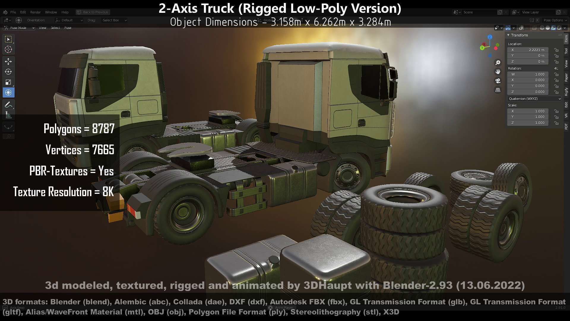 2-Axis Truck Rigged Low-Poly Version Low-poly 3D model_45