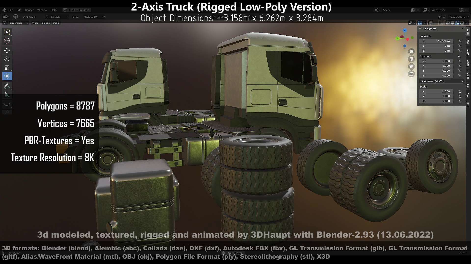 2-Axis Truck Rigged Low-Poly Version Low-poly 3D model_112