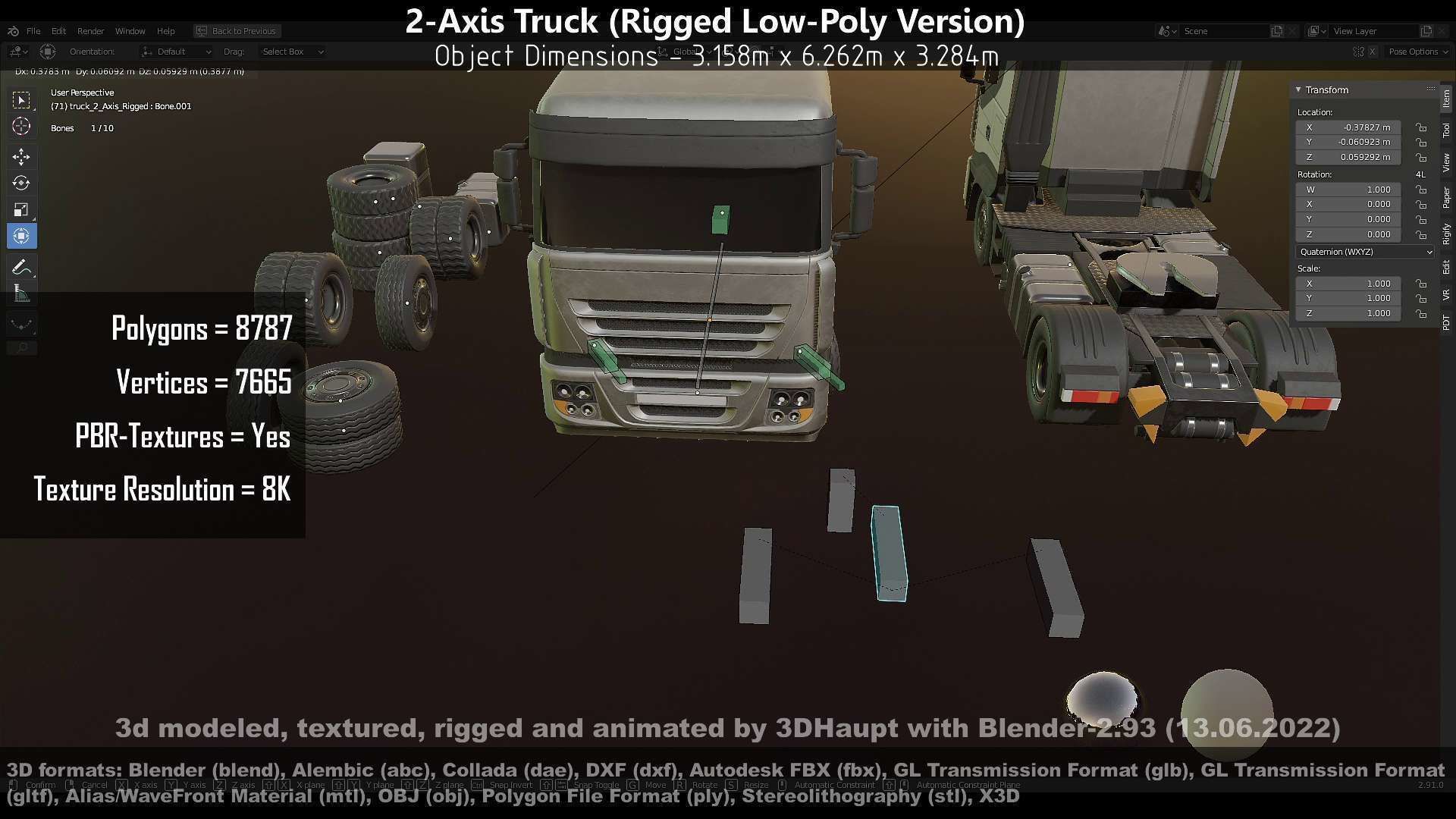 2-Axis Truck Rigged Low-Poly Version Low-poly 3D model_94