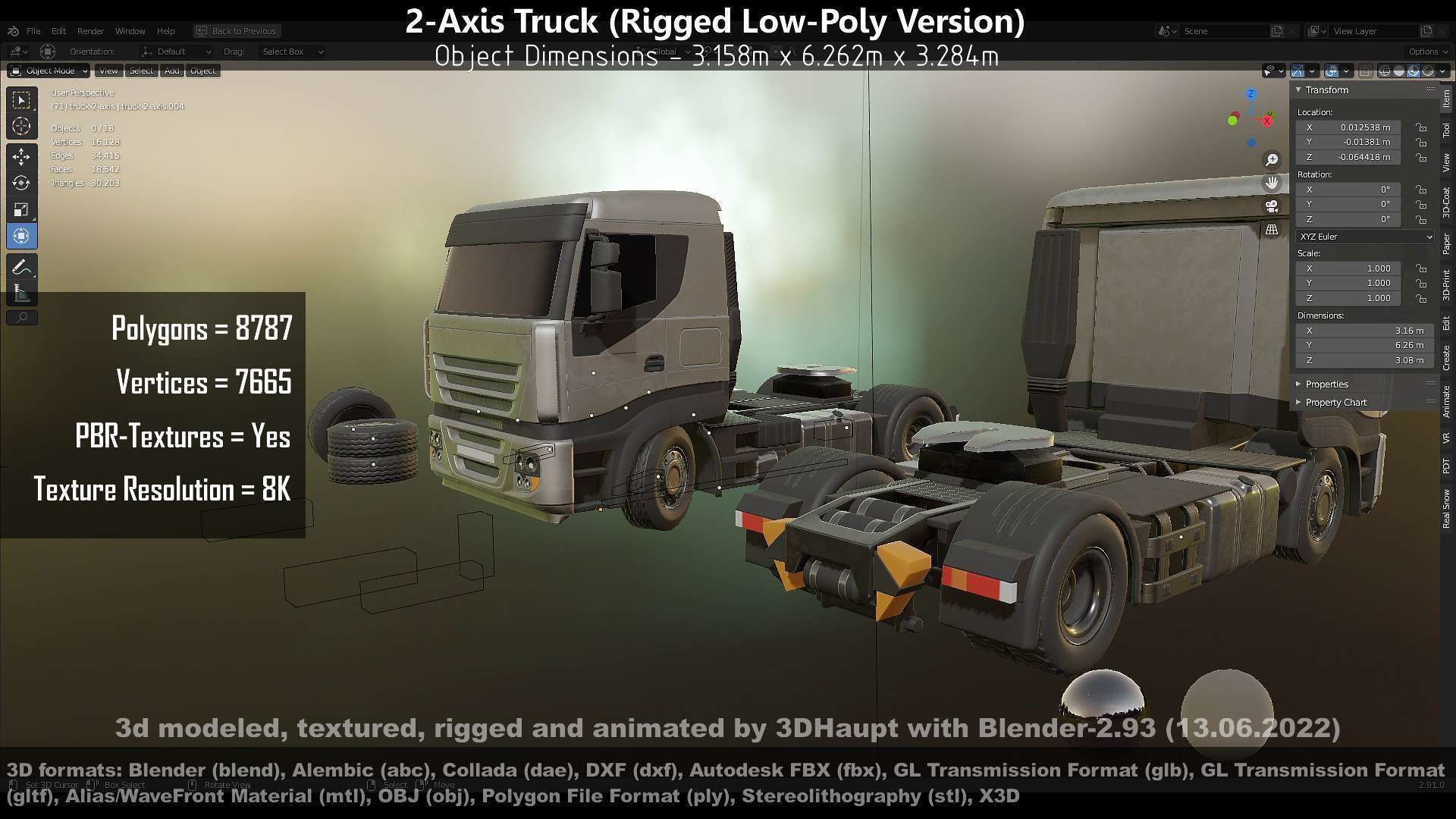 2-Axis Truck Rigged Low-Poly Version Low-poly 3D model_109
