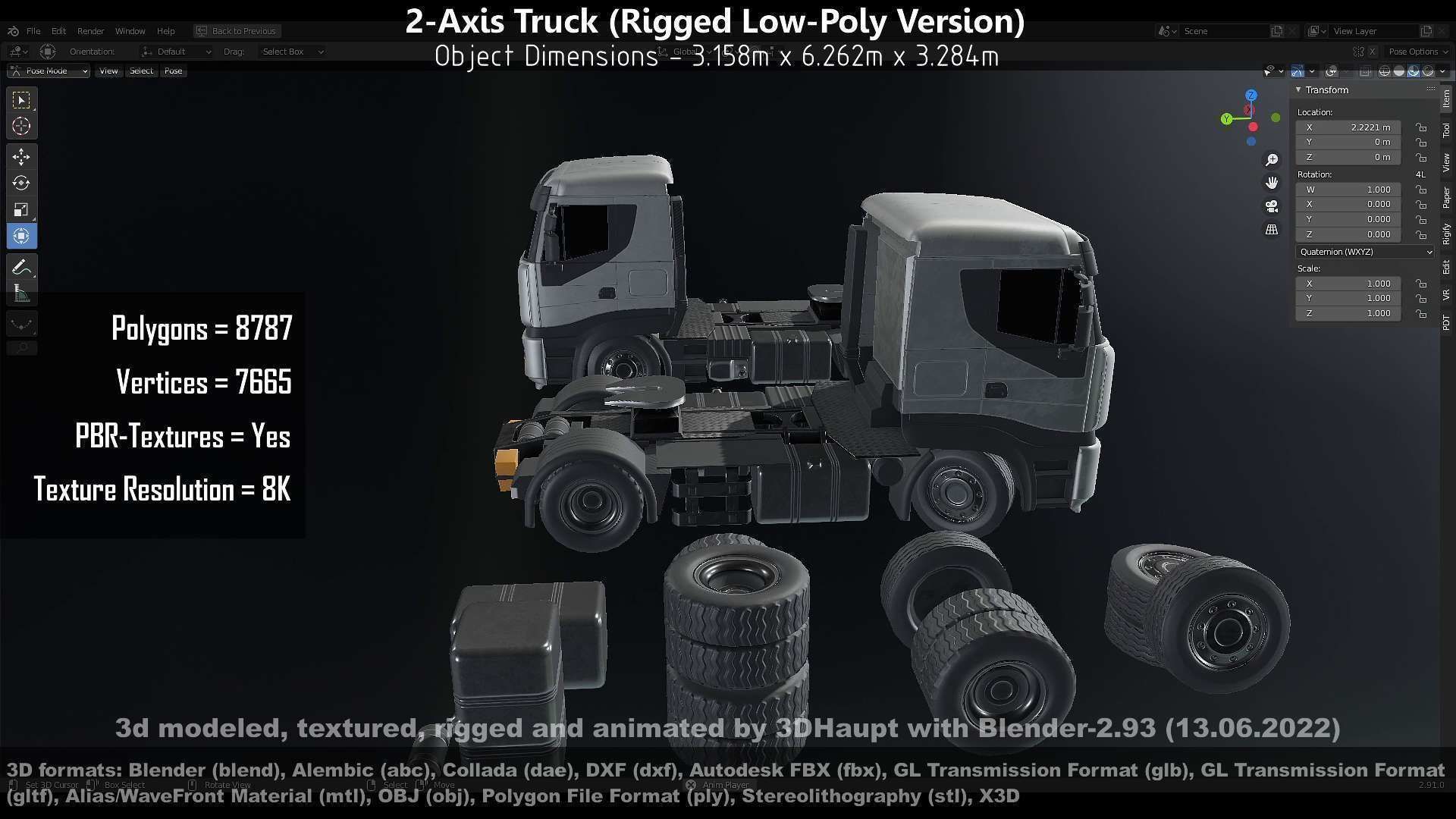 2-Axis Truck Rigged Low-Poly Version Low-poly 3D model_22