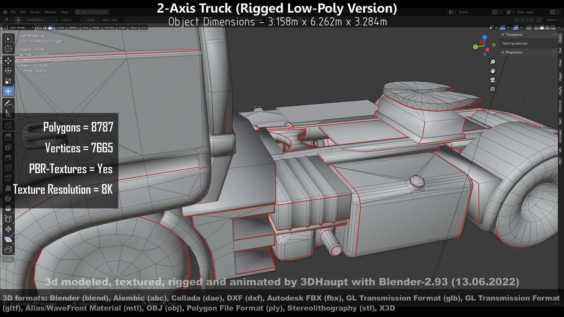 2-Axis Truck Rigged Low-Poly Version Low-poly 3D model_140