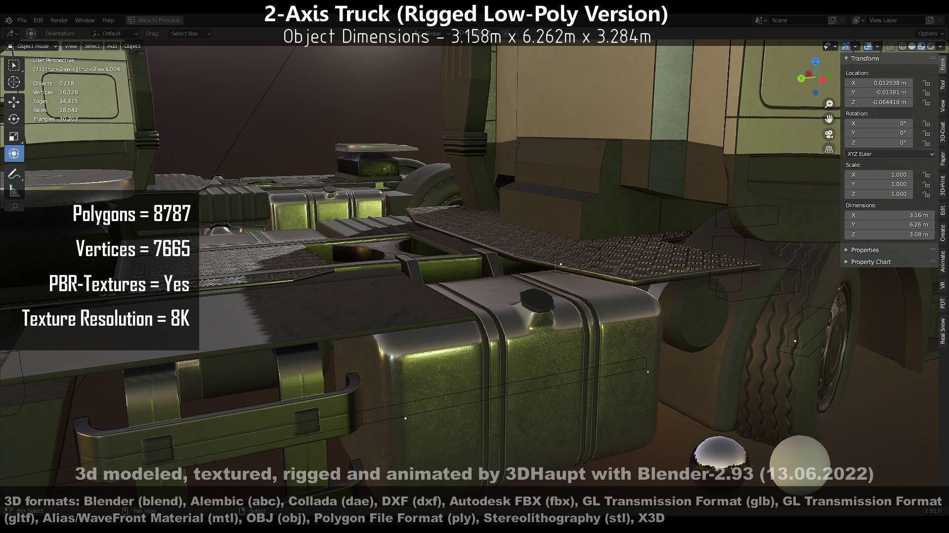 2-Axis Truck Rigged Low-Poly Version Low-poly 3D model_124