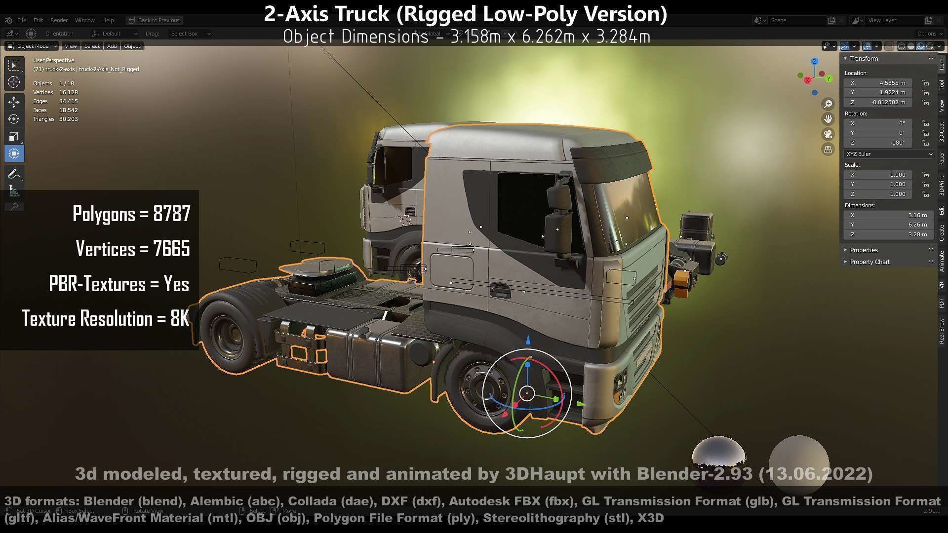 2-Axis Truck Rigged Low-Poly Version Low-poly 3D model_46