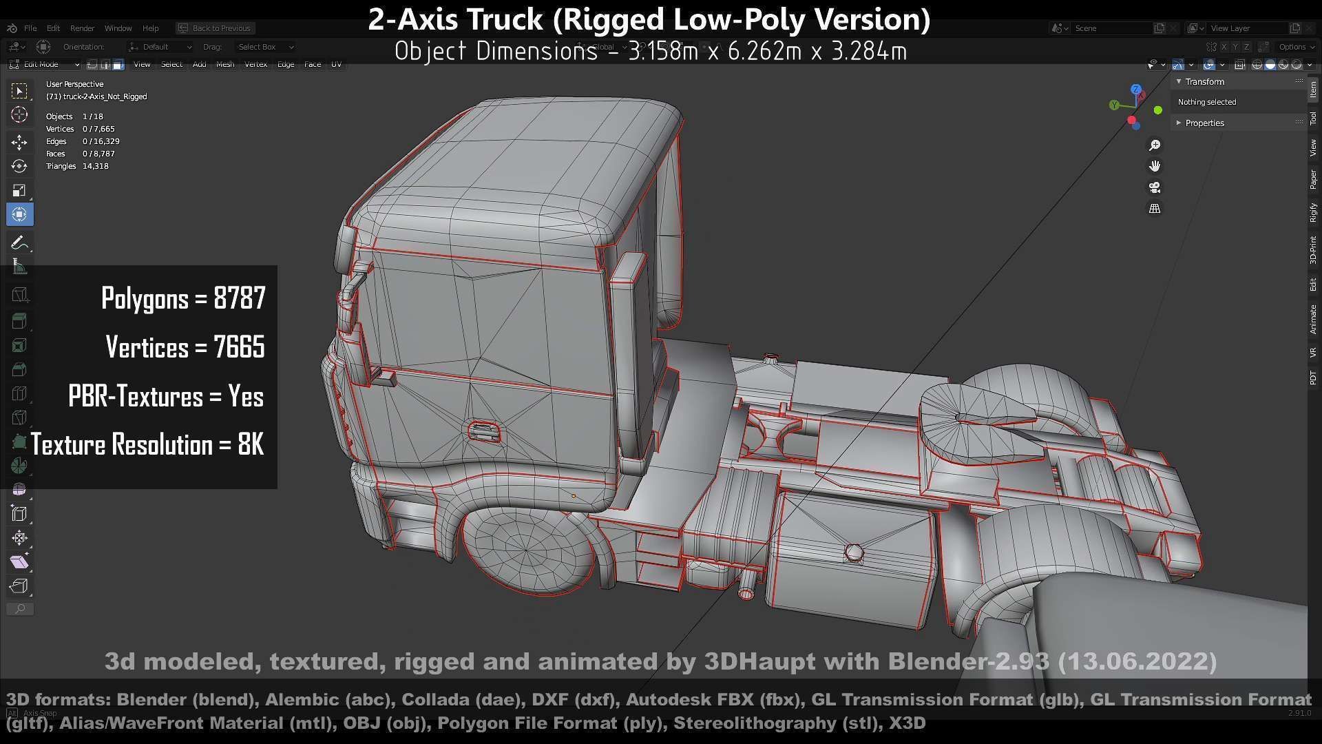 2-Axis Truck Rigged Low-Poly Version Low-poly 3D model_133