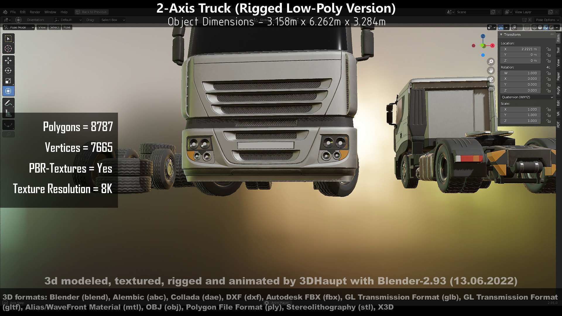 2-Axis Truck Rigged Low-Poly Version Low-poly 3D model_93