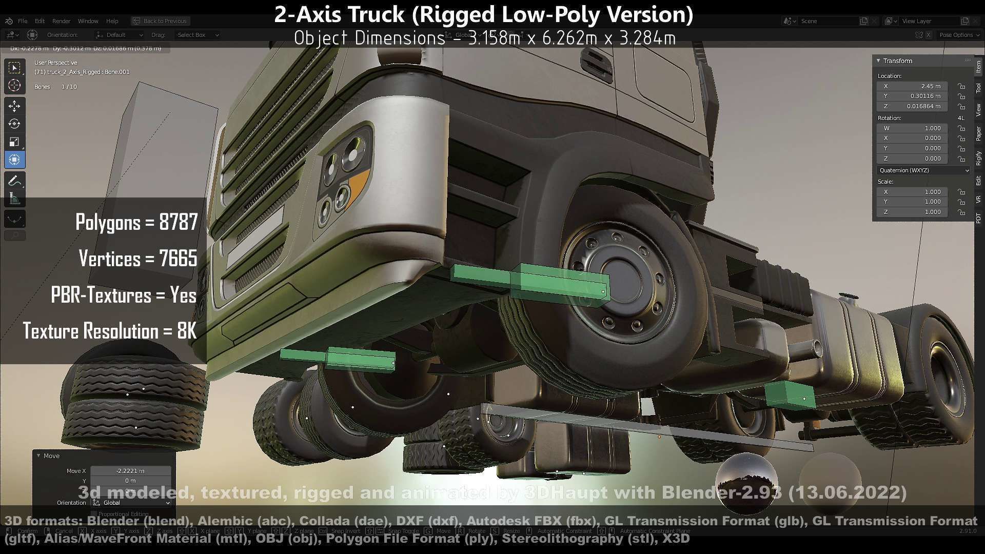 2-Axis Truck Rigged Low-Poly Version Low-poly 3D model_141