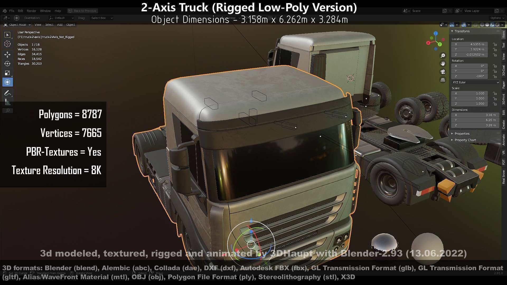 2-Axis Truck Rigged Low-Poly Version Low-poly 3D model_71