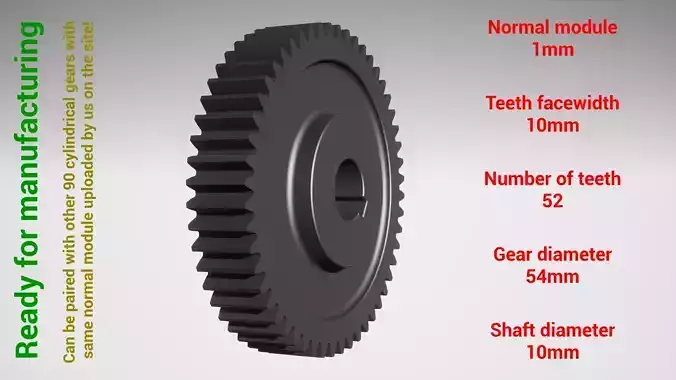 Cylindrical gear - paired - z52 m1 D54 d10 3D print model