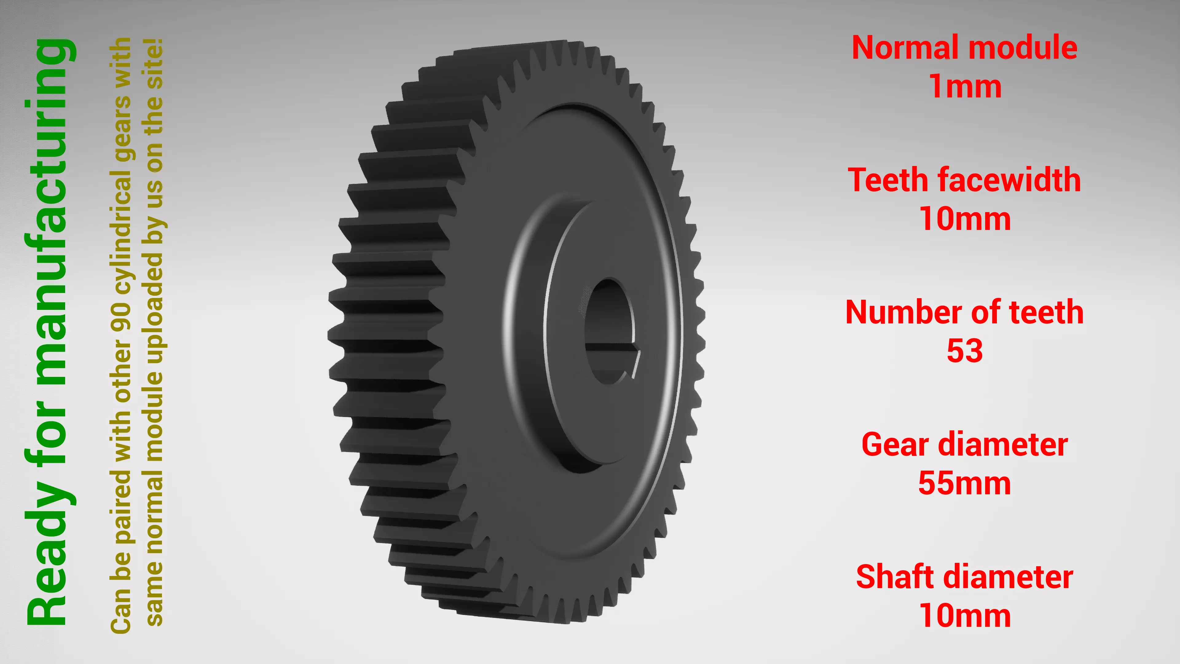 Cylindrical gear - paired - z53 m1 D55 d10 3D print model_0