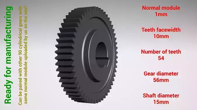 Cylindrical gear - paired - z54 m1 D56 d15 3D print model