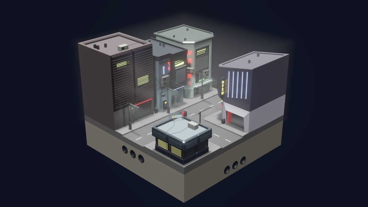 Cyberpunk City Block Low-poly 3D model_1