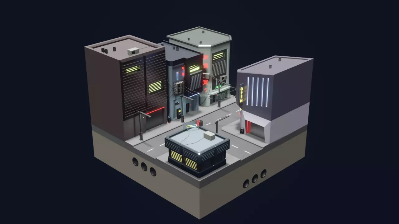 Cyberpunk City Block Low-poly 3D model_0