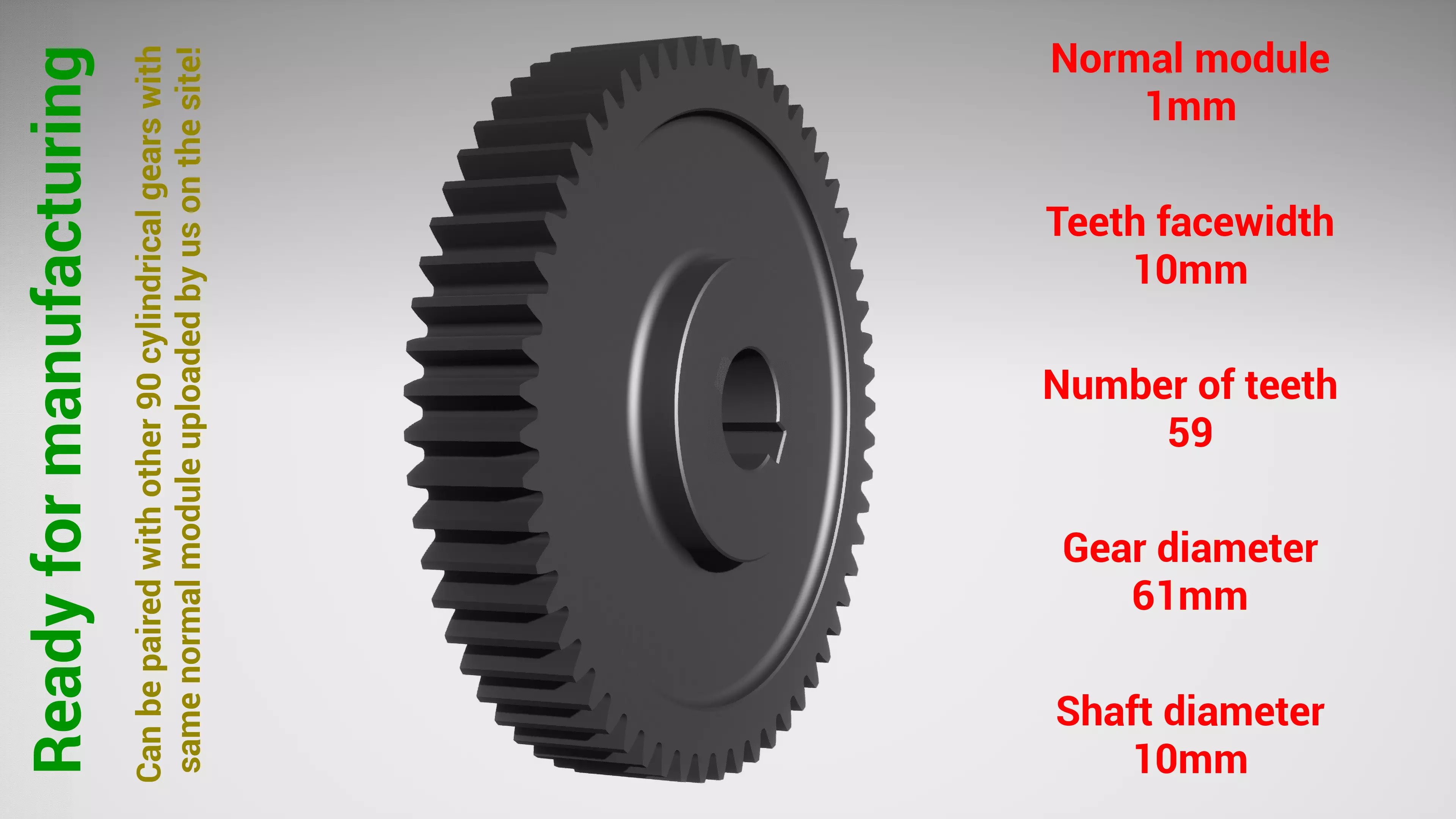 Cylindrical gear - paired - z59 m1 D61 d10 3D print model_0