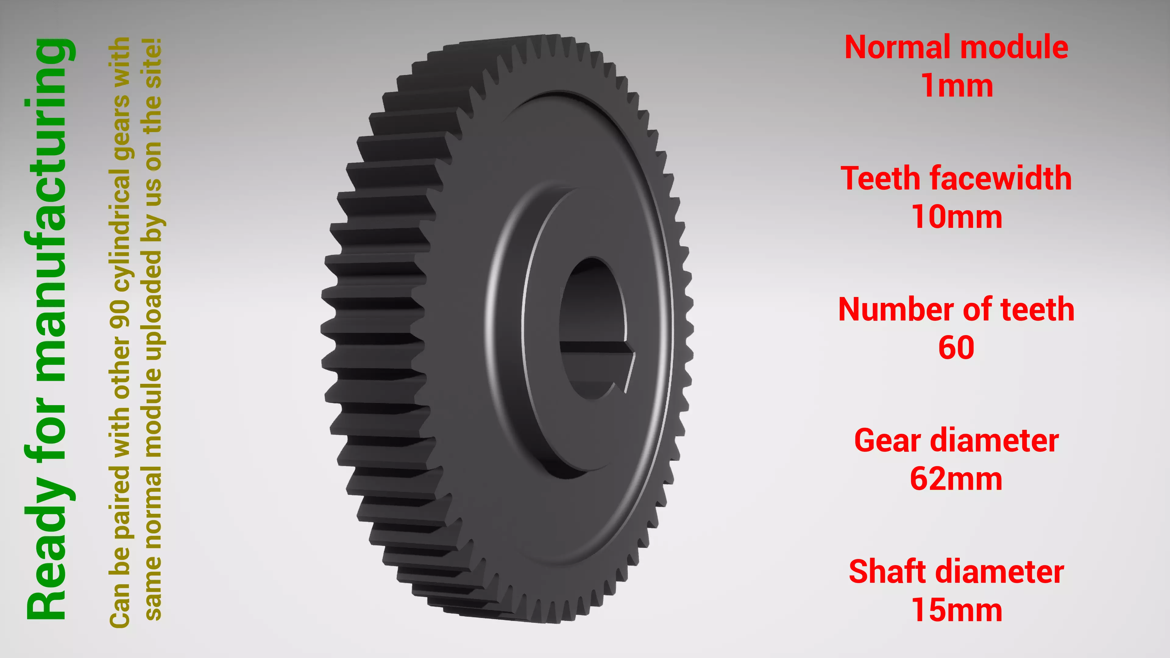 Cylindrical gear - paired - z60 m1 D62 d15 3D print model