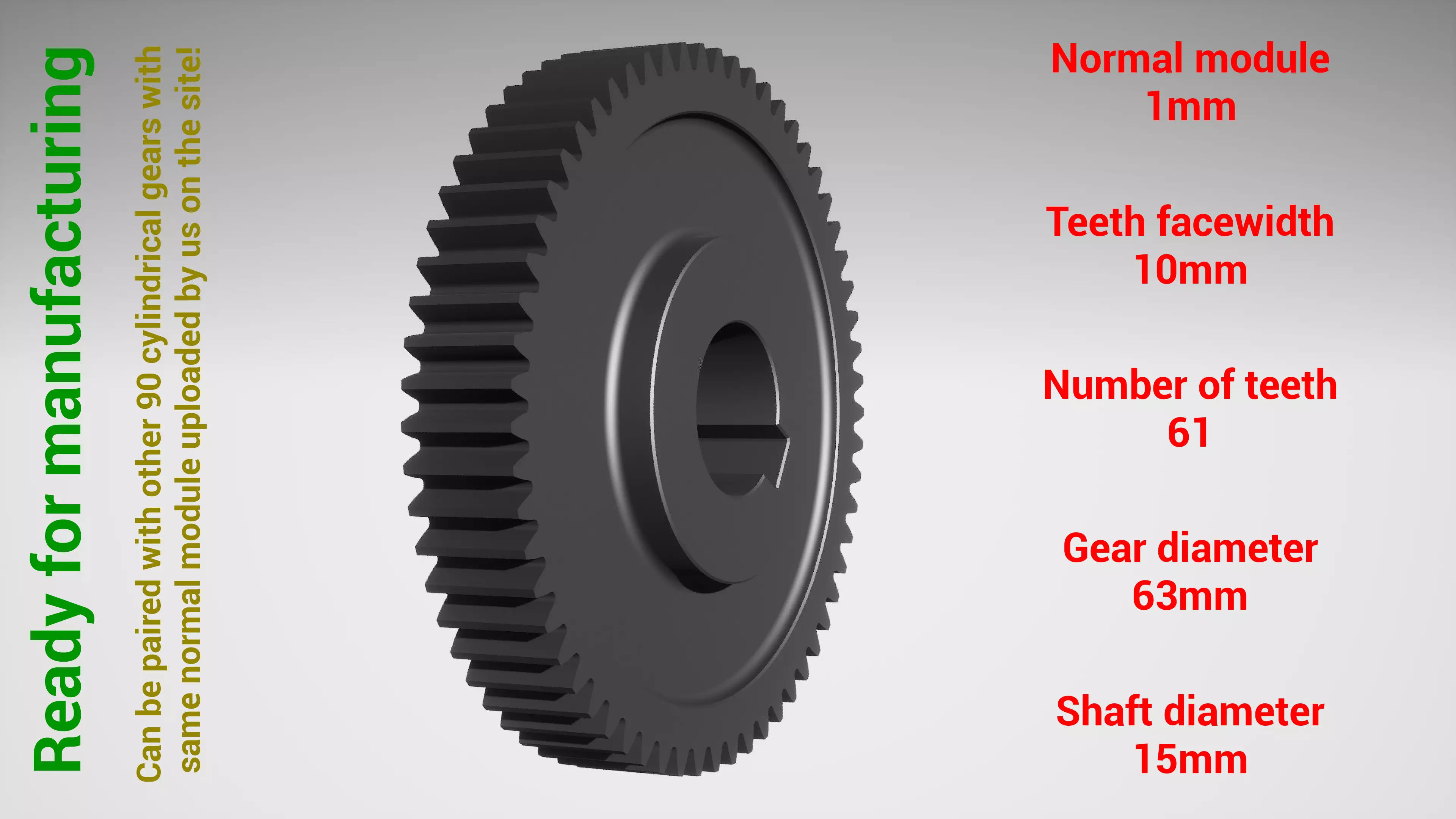 Cylindrical gear - paired - z61 m1 D63 d15 3D print model_0