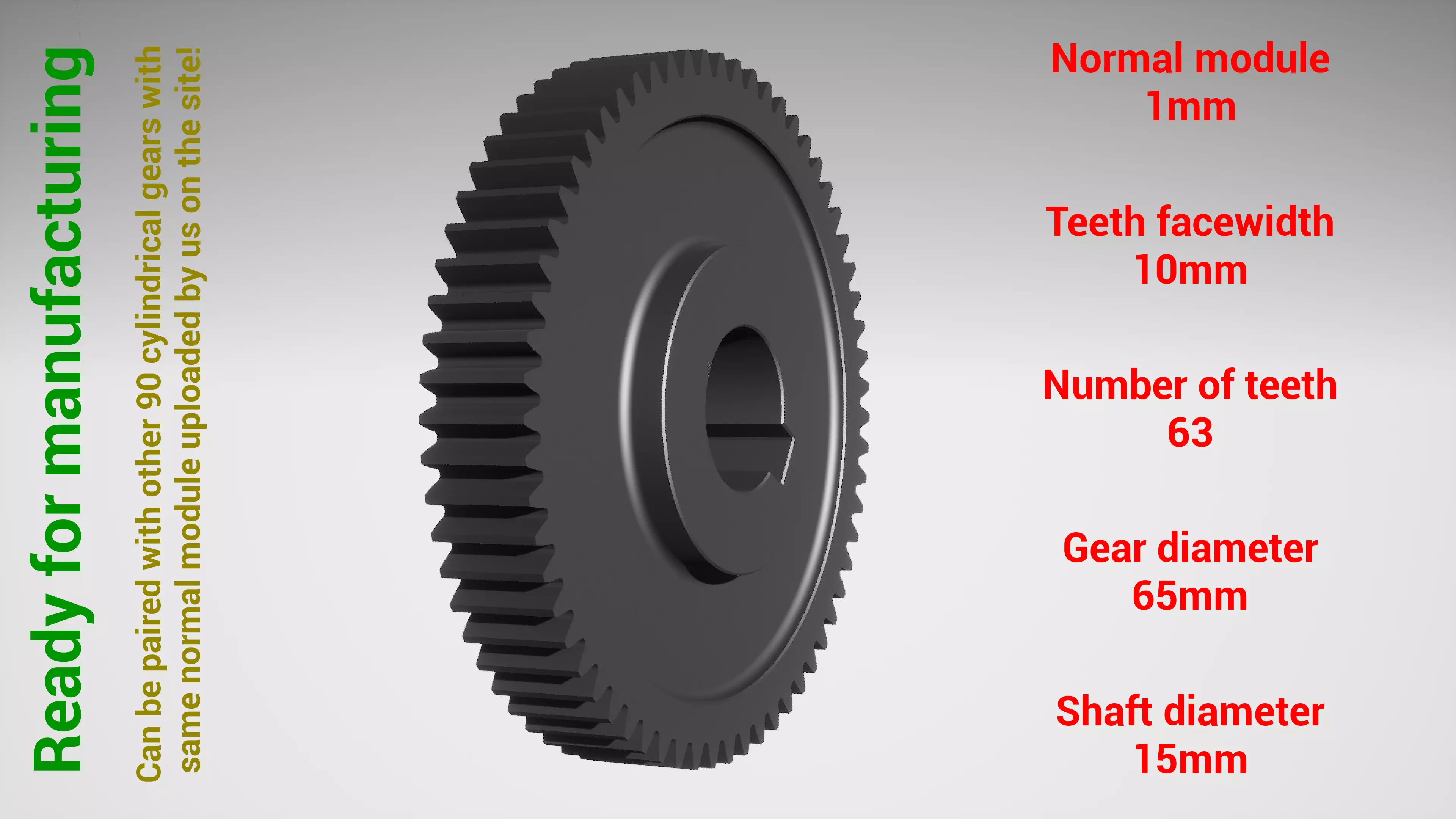 Cylindrical gear - paired - z63 m1 D65 d15 3D print model