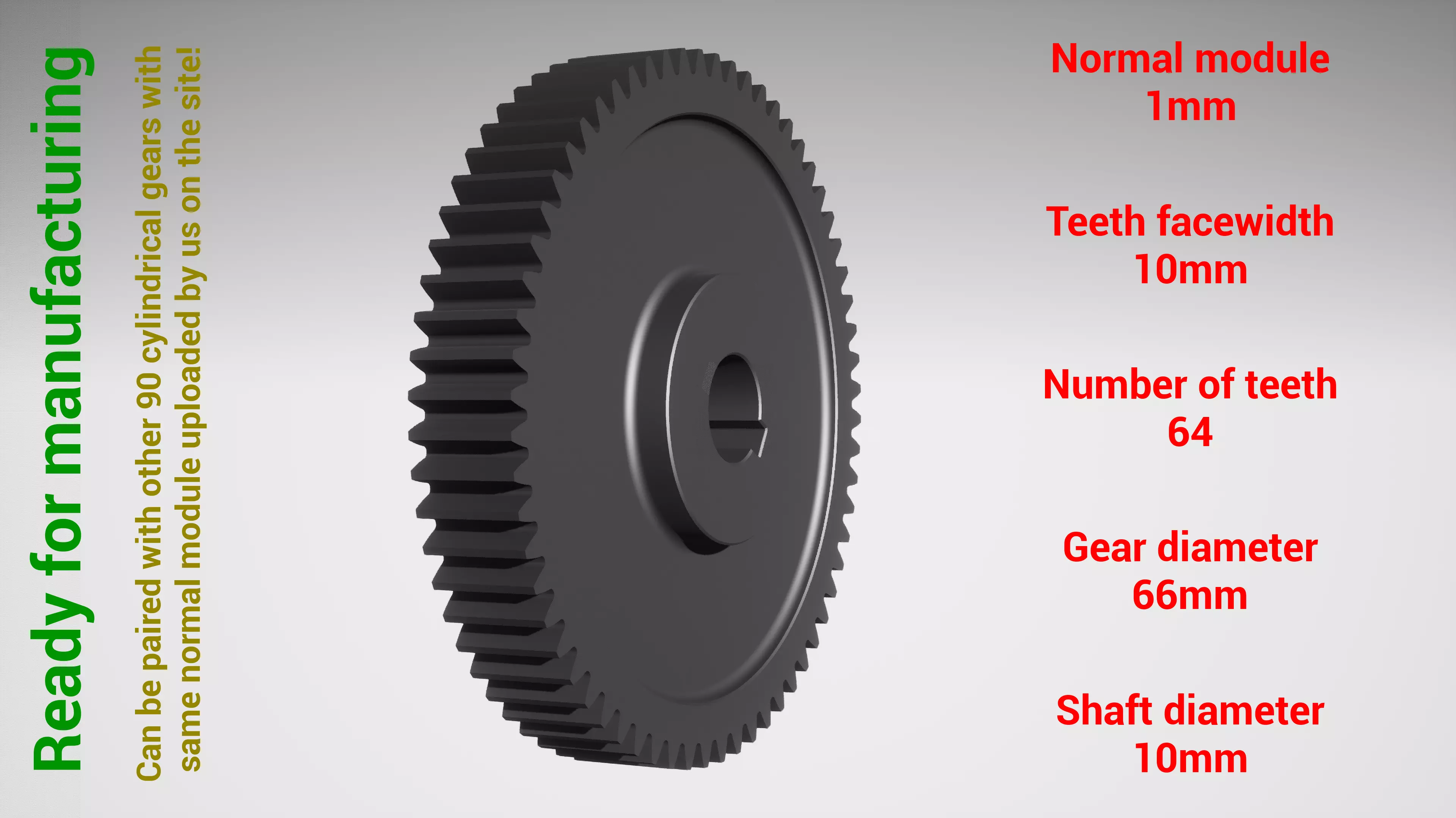 Cylindrical gear - paired - z64 m1 D66 d10 3D print model_0