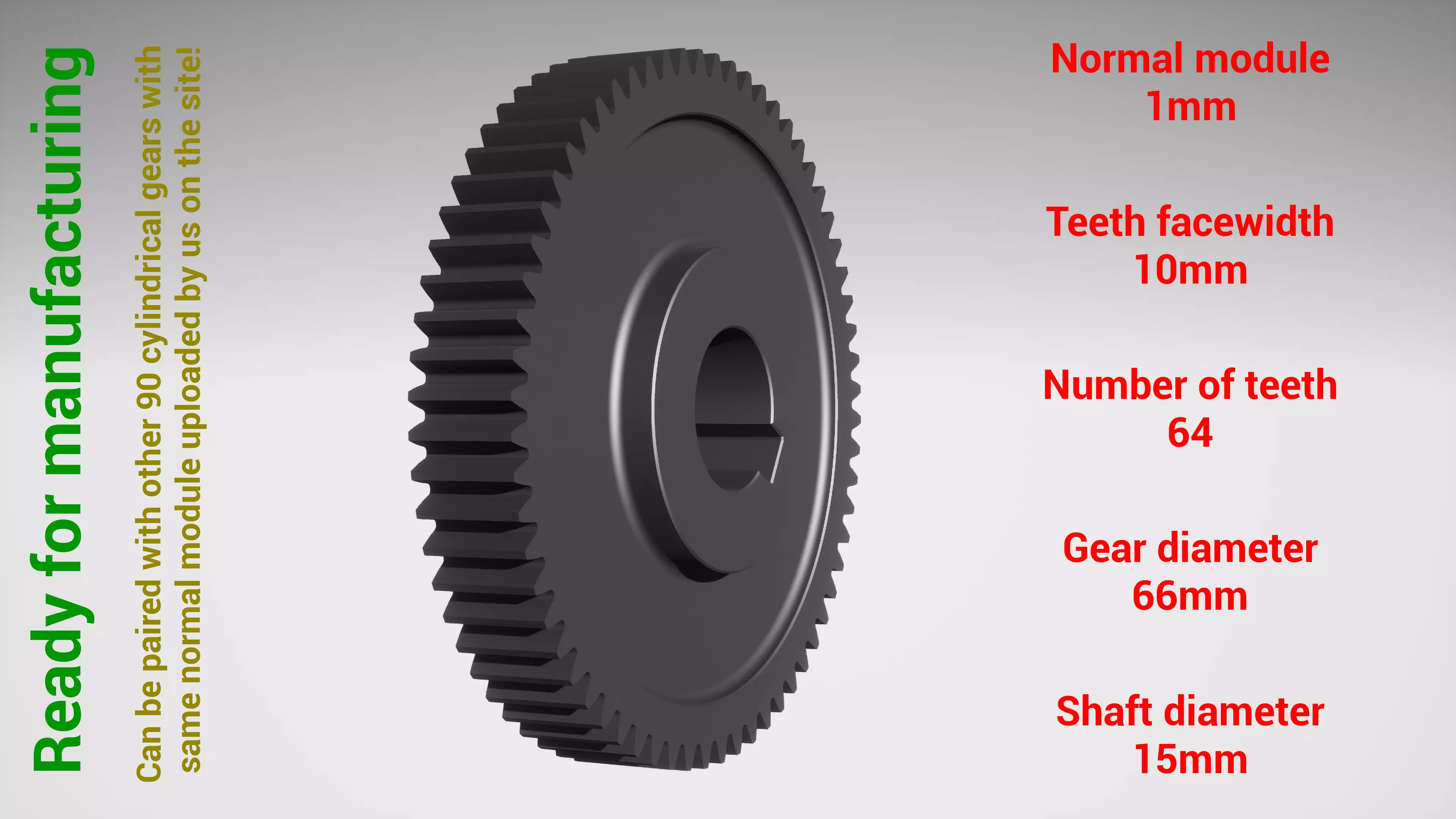 Cylindrical gear - paired - z64 m1 D66 d15 3D print model_0