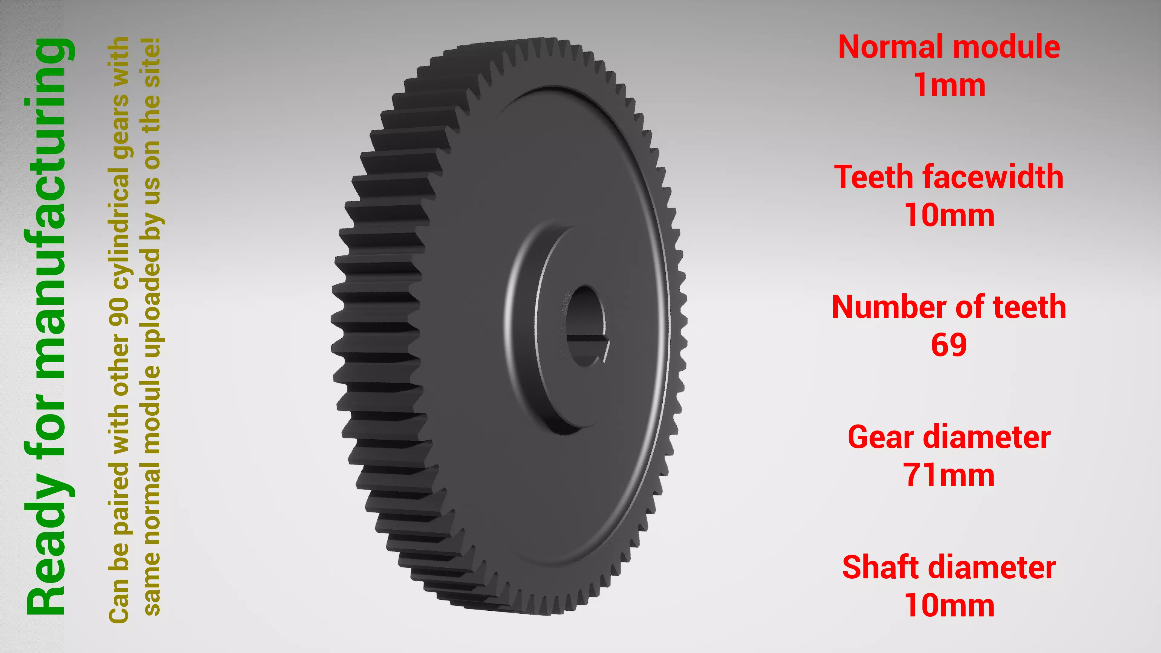 Cylindrical gear - paired - z69 m1 D71 d10 3D print model_0