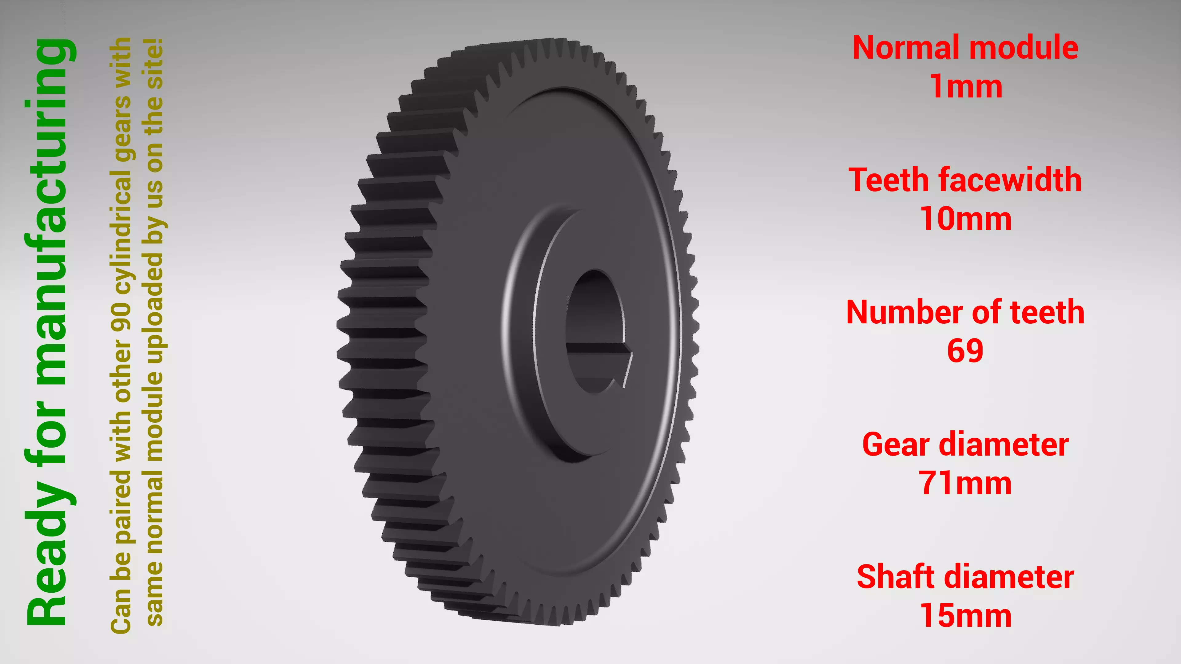 Cylindrical gear - paired - z69 m1 D71 d15 3D print model