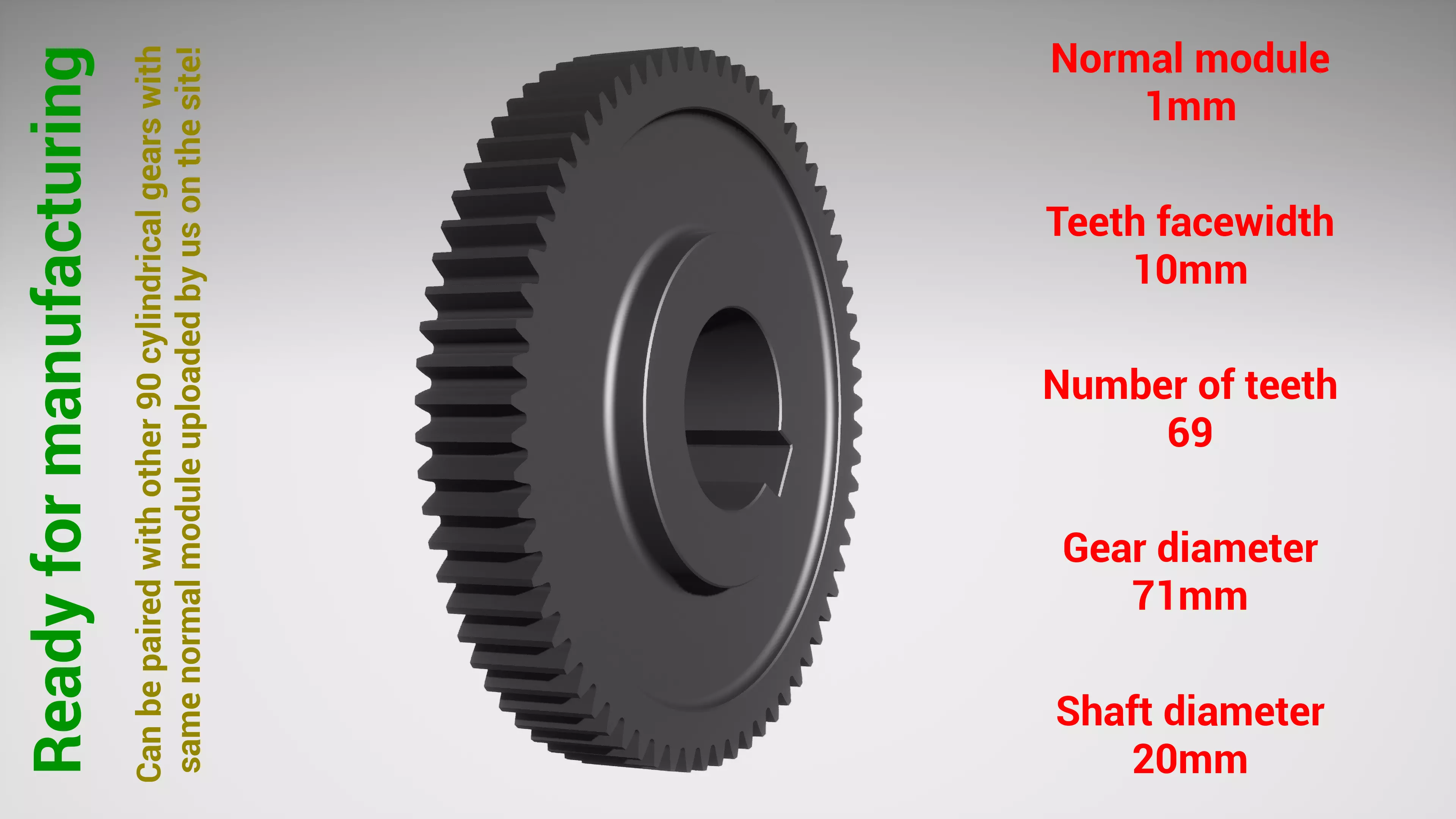 Cylindrical gear - paired - z69 m1 D71 d20 3D print model