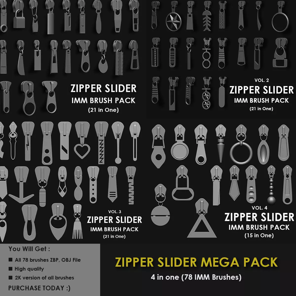ZIPPER SLIDER MEGA PACK 4 IN ONE 78 BRUSHES 3D model