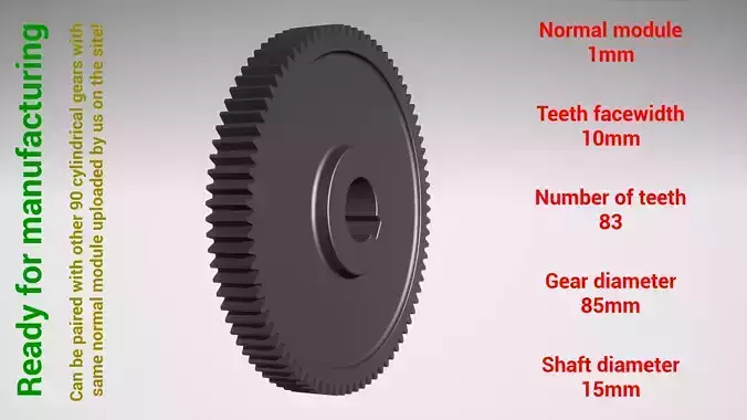 Cylindrical gear - paired - z83 m1 D85 d15 3D print model