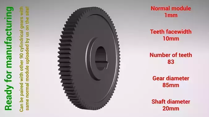 Cylindrical gear - paired - z83 m1 D85 d20 3D print model