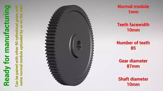 Cylindrical gear - paired - z85 m1 D87 d10 3D print model