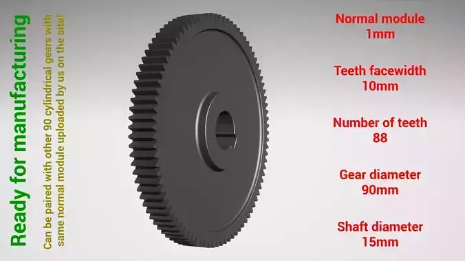 Cylindrical gear - paired - z88 m1 D90 d15 3D print model
