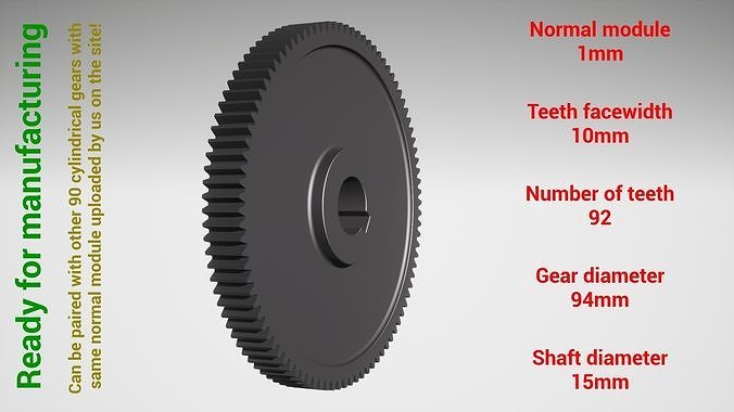 Cylindrical gear - paired - z92 m1 D94 d15 3D print model